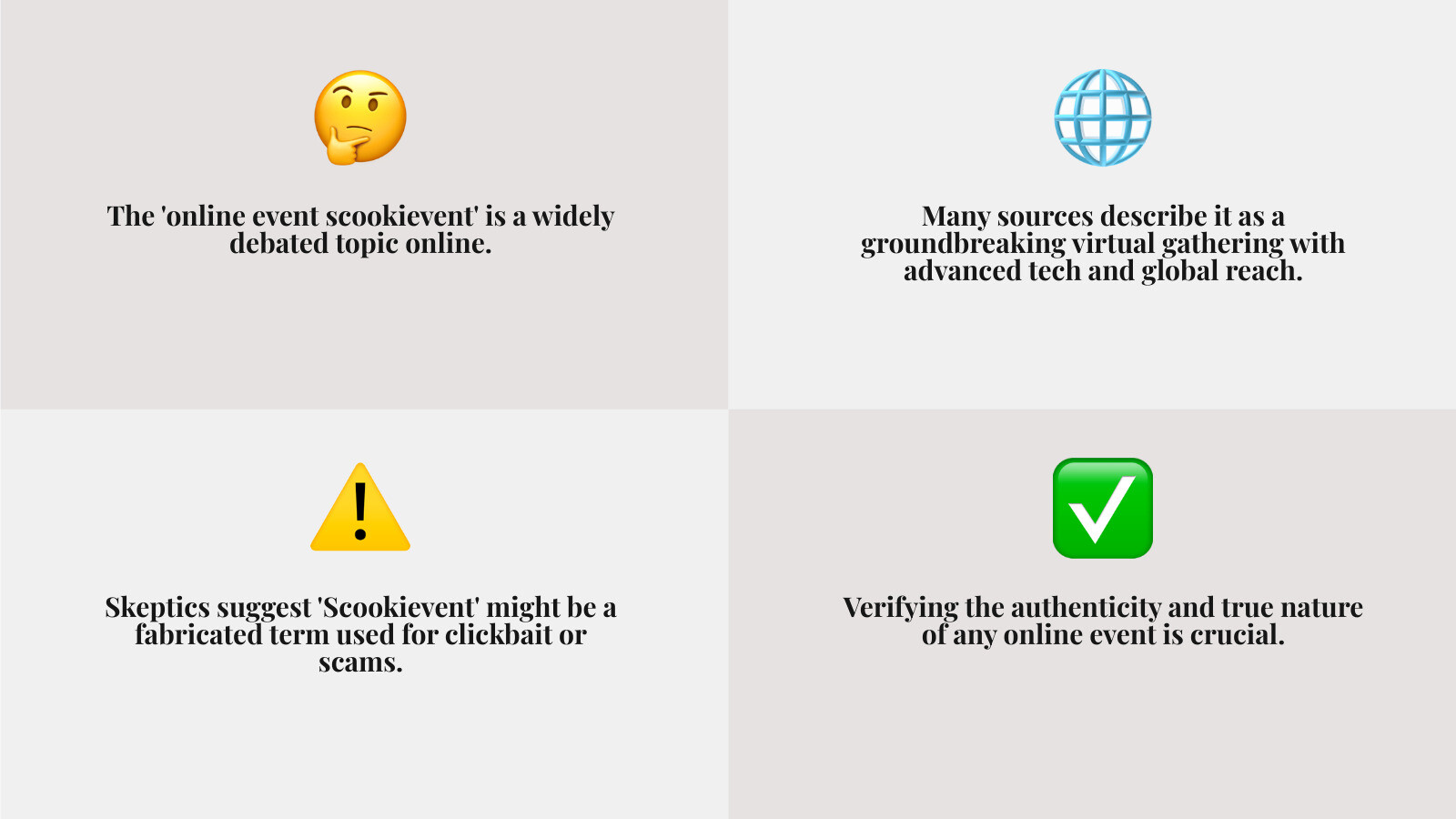 Infographic explaining the legitimacy debate and key characteristics of Scookievent - online event scookievent infographic 4_facts_emoji_grey