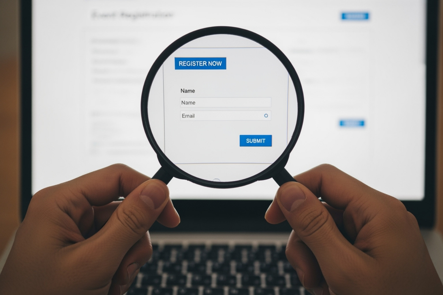 magnifying glass over a laptop screen showing an event page - online event scookievent