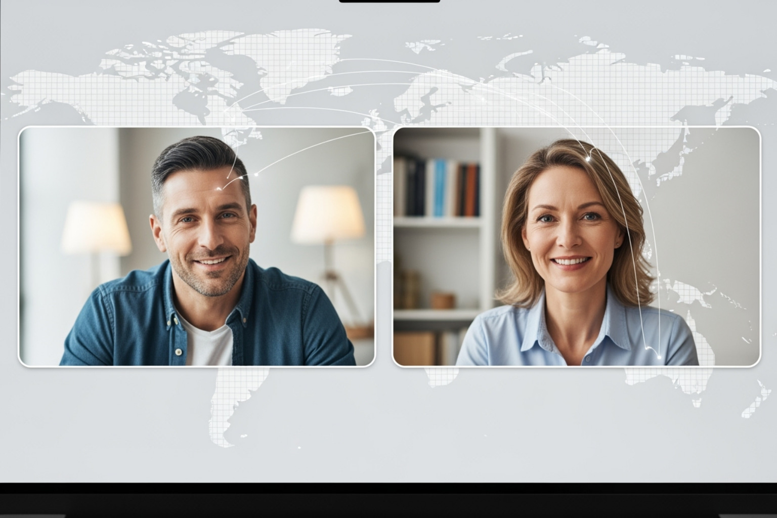 two people having a video call and networking, with world map in the background - online event scookievent