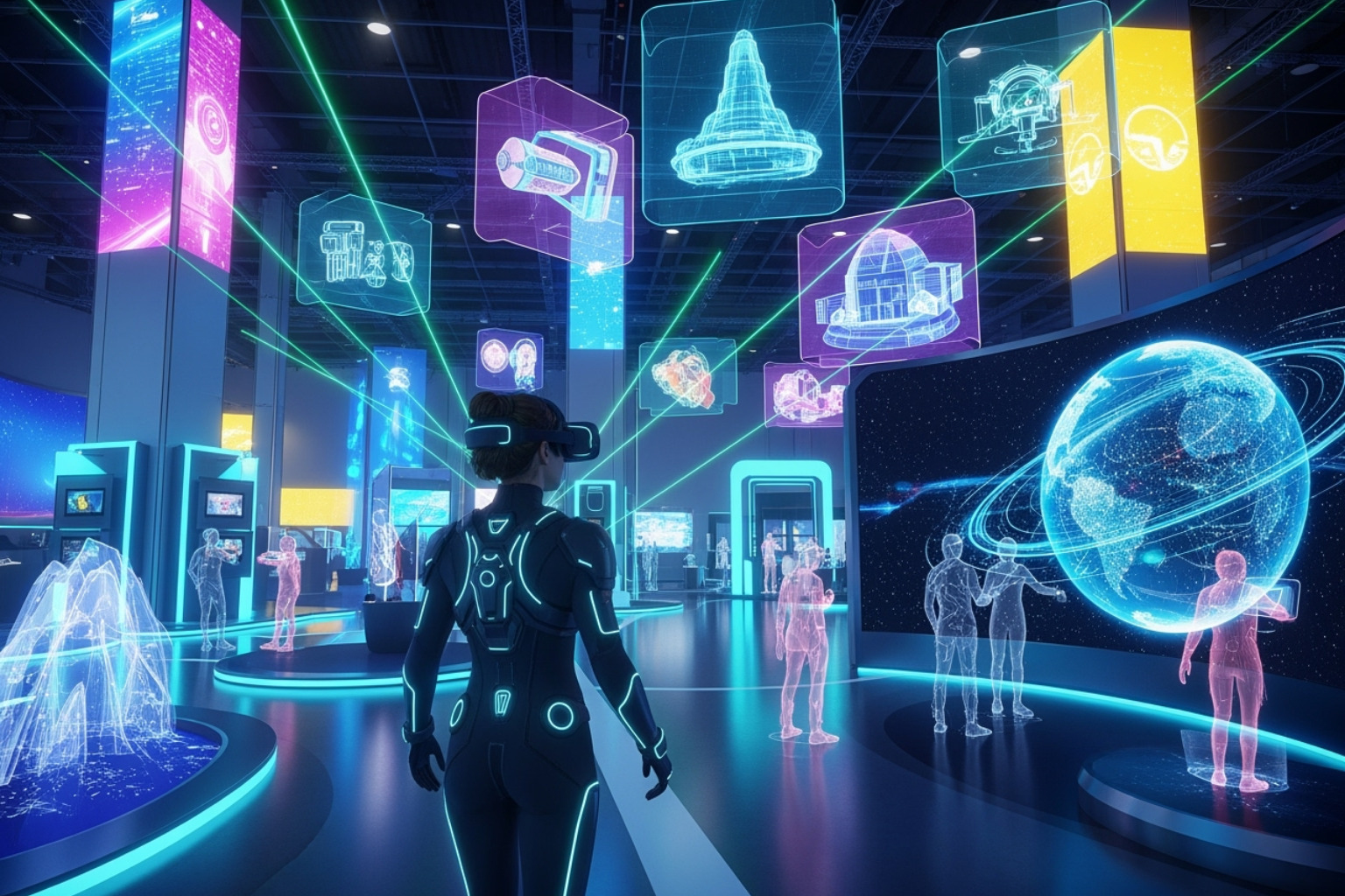 user navigating a vibrant virtual expo hall with interactive booths - online event scookievent