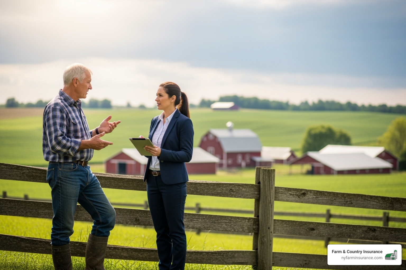 person talking to insurance agent in a farm setting - insurance for hobby farms person talking to insurance agent in a farm setting - insurance for hobby farms