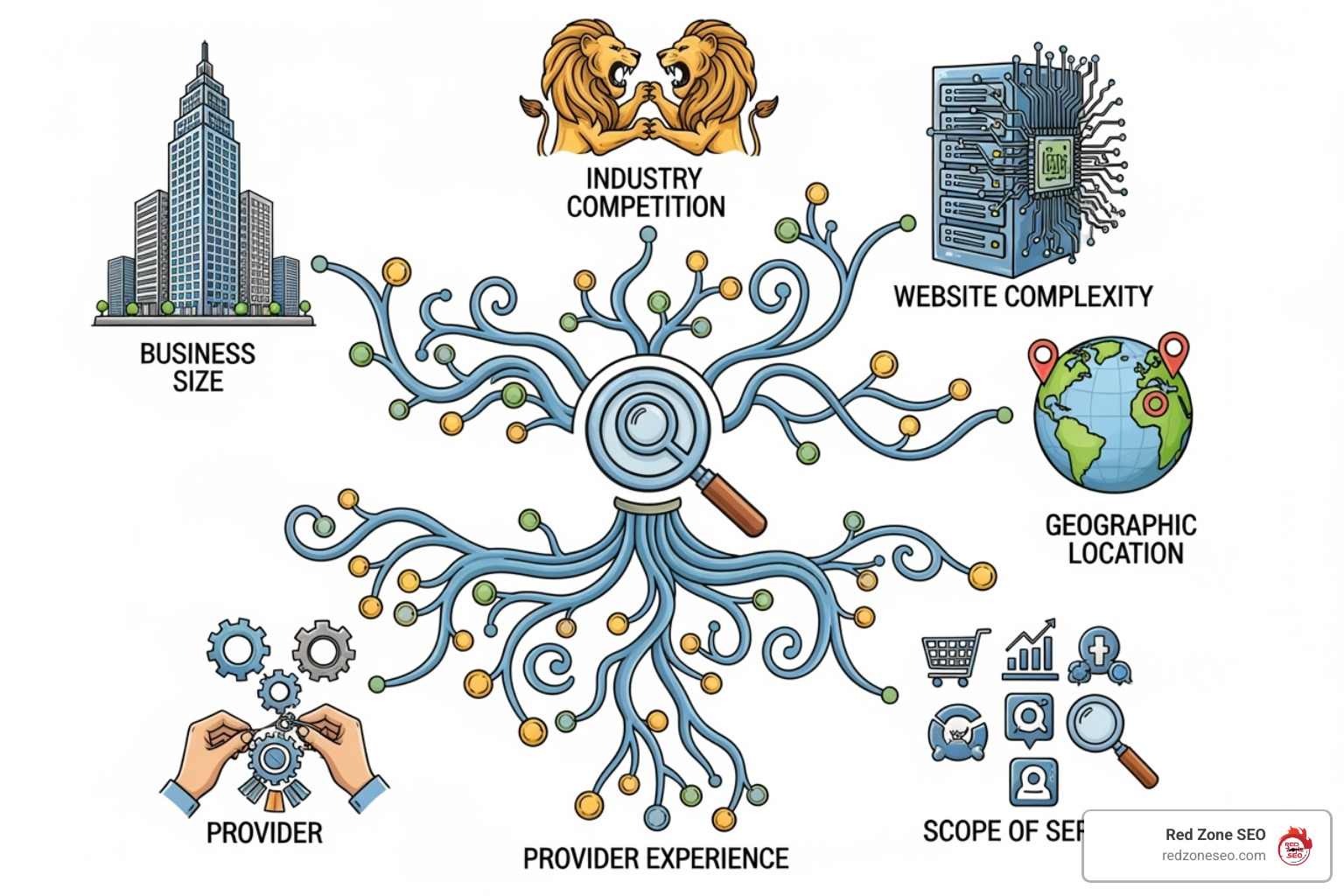 A detailed diagram showing interconnected factors influencing SEO pricing, including business size, industry competition, website complexity, geographic location, provider experience, and scope of services. - seo pricing