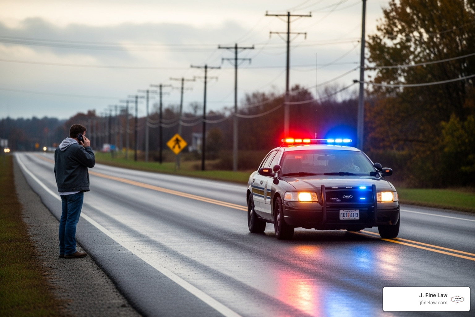 of a person on the phone by the side of the road with a police car in the background - truck accident lawyer cherry hill of a person on the phone by the side of the road with a police car in the background - truck accident lawyer cherry hill