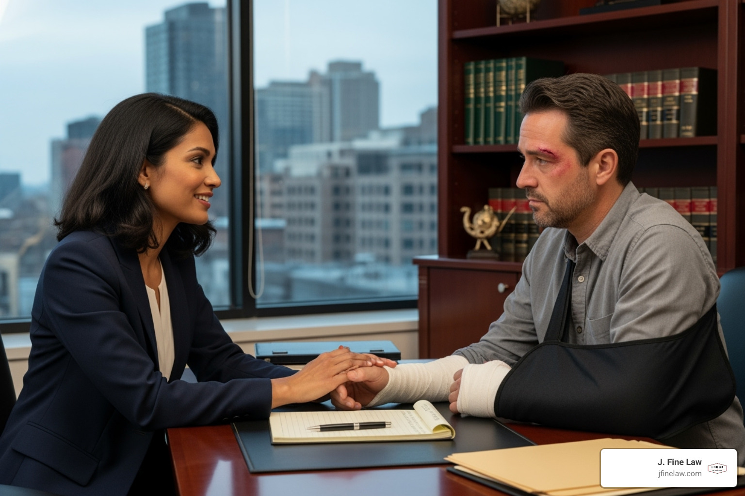 of a compassionate lawyer meeting with an injured client in a professional office setting - truck accident lawyer cherry hill of a compassionate lawyer meeting with an injured client in a professional office setting - truck accident lawyer cherry hill