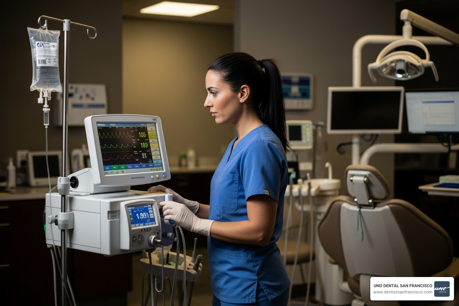 image of a dental professional monitoring IV sedation equipment - sedation dentistry