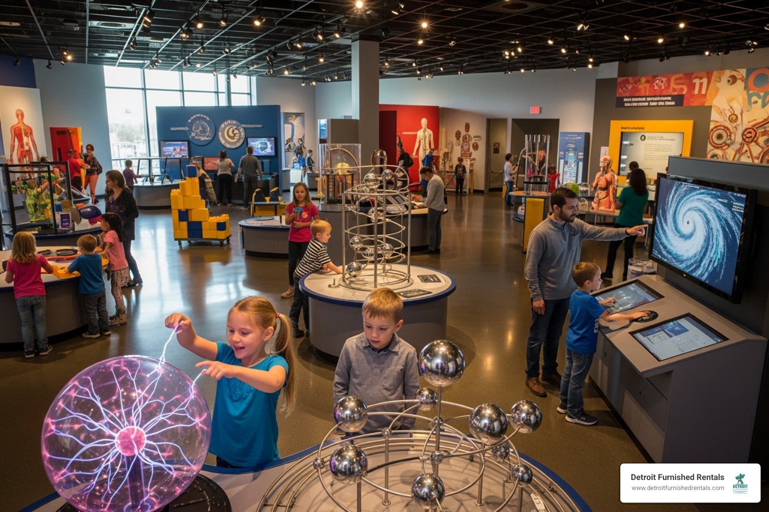Families interacting with an exhibit at Mi-Sci - Michigan Science Center
