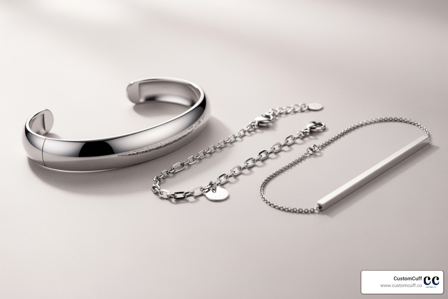 Different silver bracelet styles like a cuff, a chain, and a bar bracelet laid out next to each other - customized silver bracelets for couples Different silver bracelet styles like a cuff, a chain, and a bar bracelet laid out next to each other - customized silver bracelets for couples