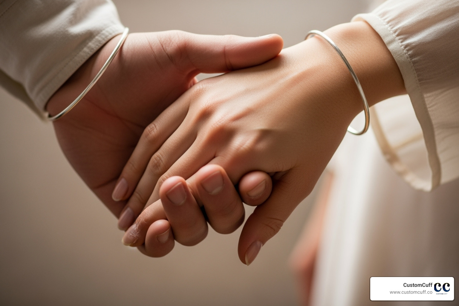 A close-up on two hands, each with a matching silver bracelet, holding each other - customized silver bracelets for couples A close-up on two hands, each with a matching silver bracelet, holding each other - customized silver bracelets for couples
