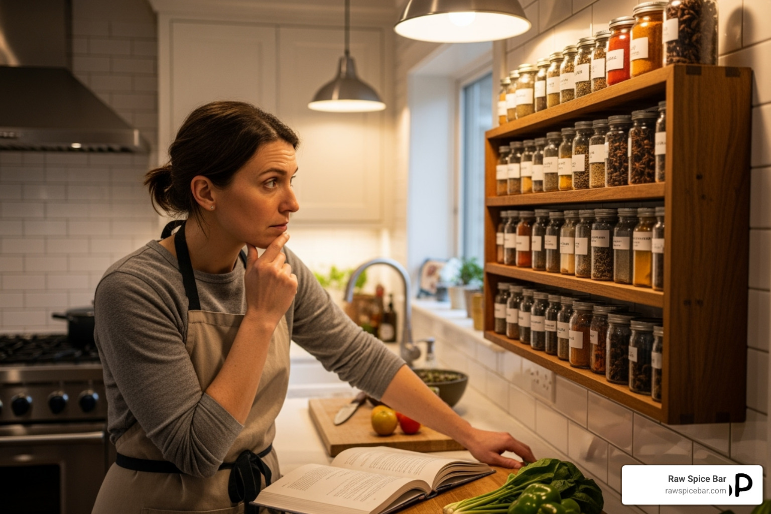 A person looking thoughtfully at their spice rack - coriander seed replacement