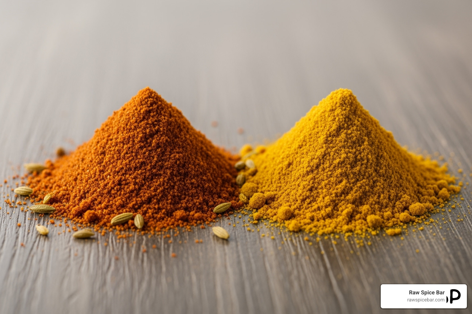 Garam Masala and Curry Powder in small piles - coriander seed replacement