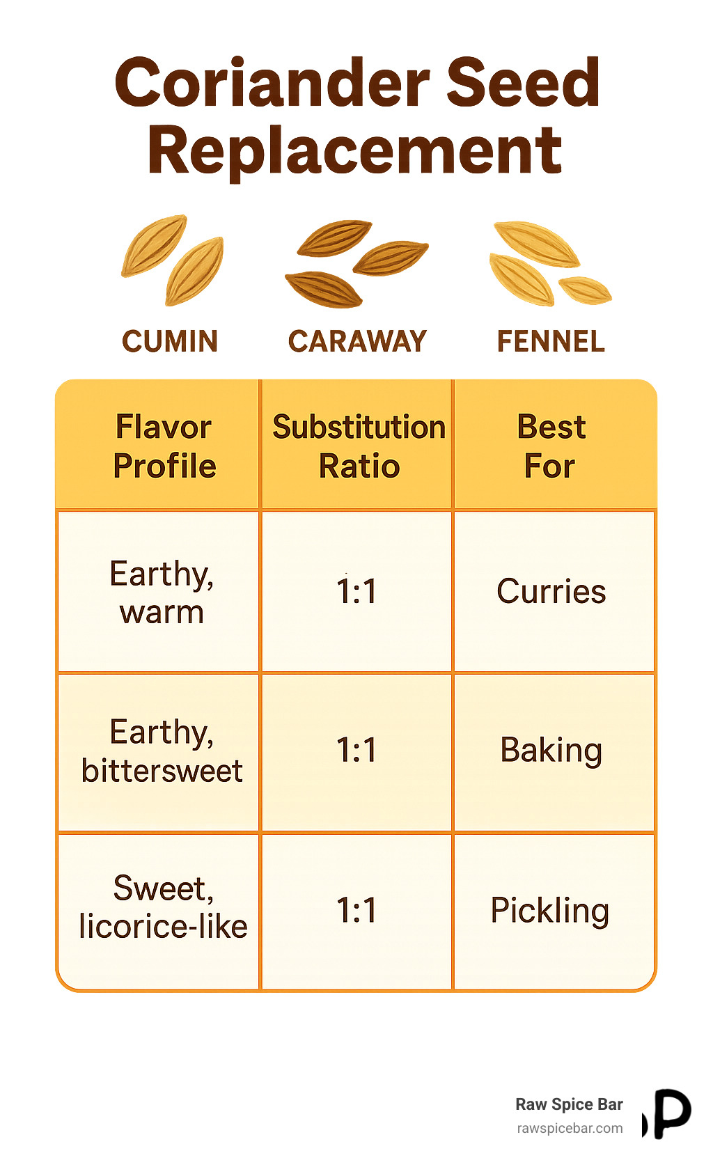 Table comparing Cumin, Caraway, and Fennel seeds as coriander substitutes, with columns for Flavor Profile, Substitution Ratio, and Best For (e.g., Curries, Baking, Pickling). - coriander seed replacement infographic 