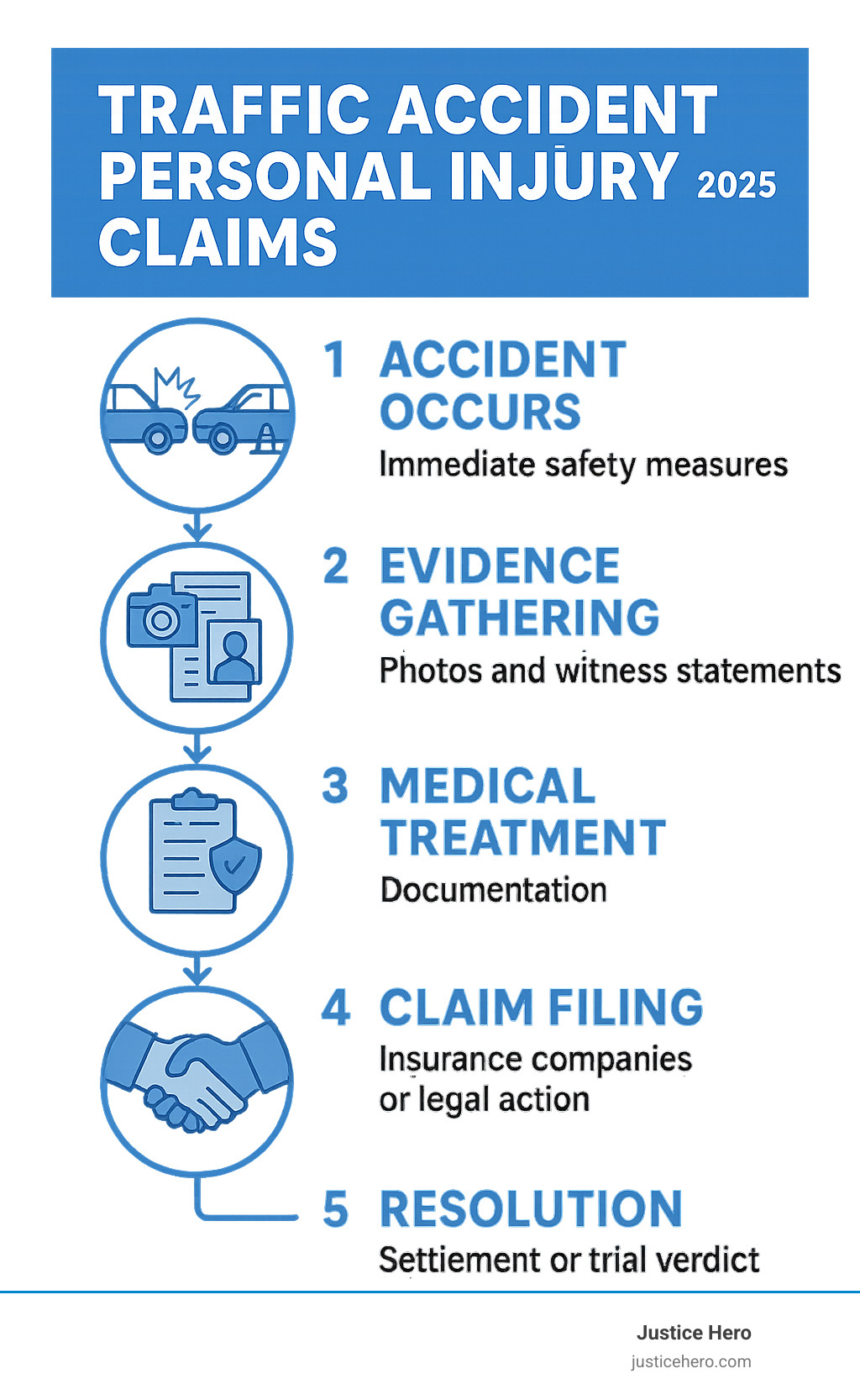 Infographic showing the 5 key stages of a personal injury claim process: Stage 1 - Accident occurs with immediate safety measures, Stage 2 - Evidence gathering including photos and witness statements, Stage 3 - Medical treatment and documentation, Stage 4 - Claim filing with insurance companies or legal action, Stage 5 - Resolution through settlement or trial verdict - traffic accident personal injury claims infographic Infographic showing the 5 key stages of a personal injury claim process: Stage 1 - Accident occurs with immediate safety measures, Stage 2 - Evidence gathering including photos and witness statements, Stage 3 - Medical treatment and documentation, Stage 4 - Claim filing with insurance companies or legal action, Stage 5 - Resolution through settlement or trial verdict - traffic accident personal injury claims infographic