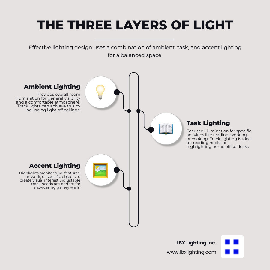 Infographic showing the three layers of lighting: Ambient lighting provides overall room illumination, Task lighting focuses on specific activities like reading, and Accent lighting highlights architectural features and artwork - with track lighting examples for each layer - living room track lighting infographic infographic-line-3-steps-neat_beige