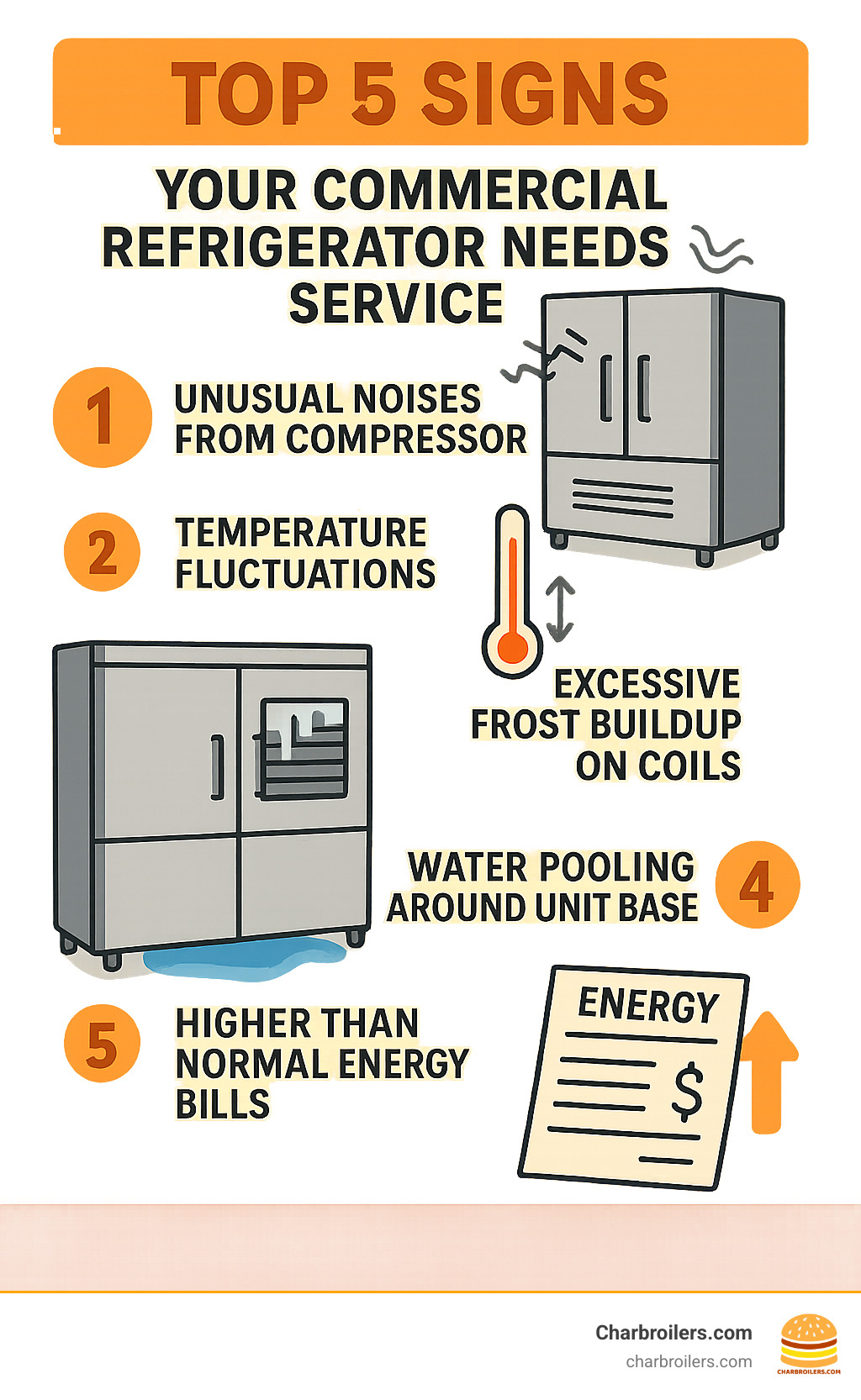 Infographic showing the top 5 signs your commercial refrigerator needs professional service: unusual noises from compressor, temperature fluctuations beyond normal range, excessive frost buildup on coils, water pooling around unit base, and higher than normal energy bills - commercial refrigeration near me infographic Infographic showing the top 5 signs your commercial refrigerator needs professional service: unusual noises from compressor, temperature fluctuations beyond normal range, excessive frost buildup on coils, water pooling around unit base, and higher than normal energy bills - commercial refrigeration near me infographic