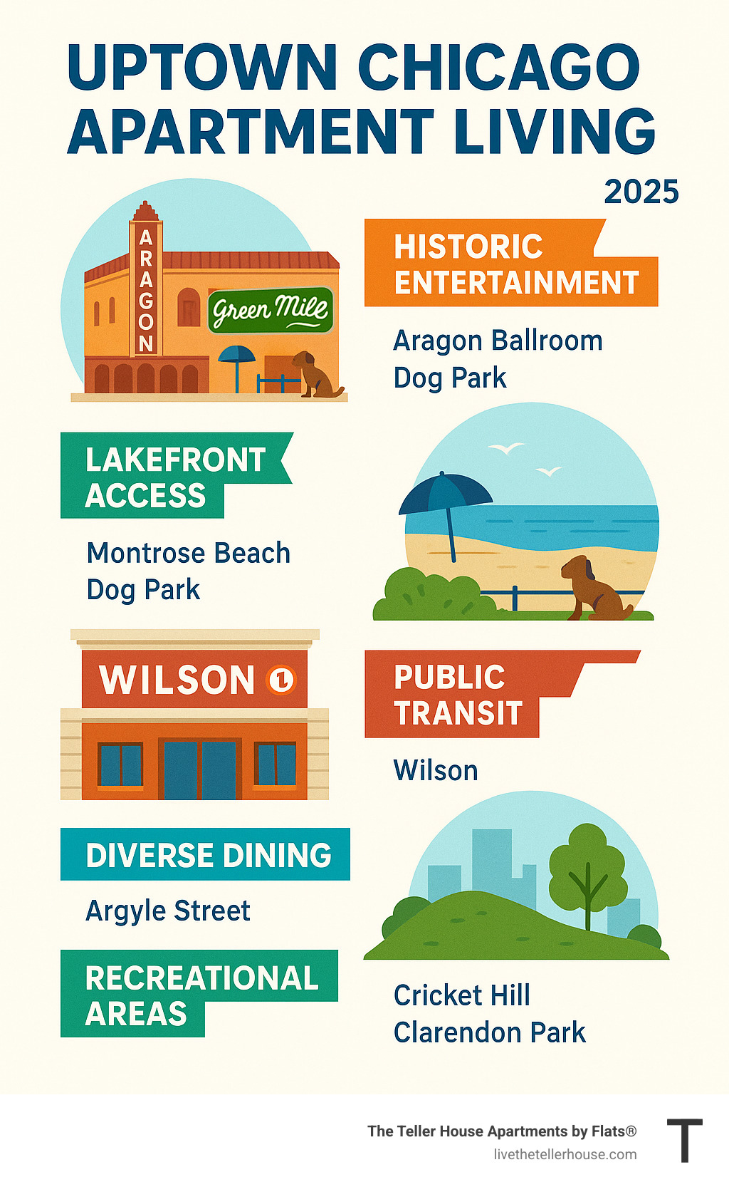 Uptown Chicago apartment living infographic showing key neighborhood features: historic entertainment venues like Aragon Ballroom and Green Mill, lakefront access with Montrose Beach and dog park, public transit via Wilson Red Line station, diverse dining on Argyle Street, and recreational areas including Cricket Hill and Clarendon Park - apartments for rent in uptown chicago il infographic 