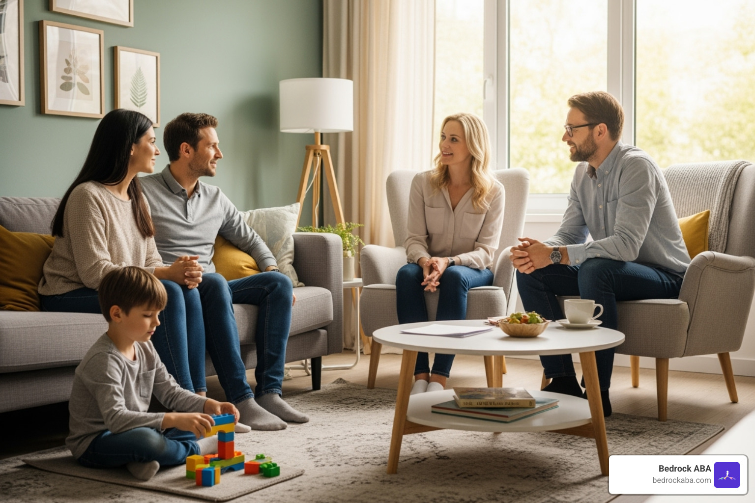 A family (child, parents) engaged in a comfortable conversation with an ABA therapist in a warm, inviting setting - aba therapist near me