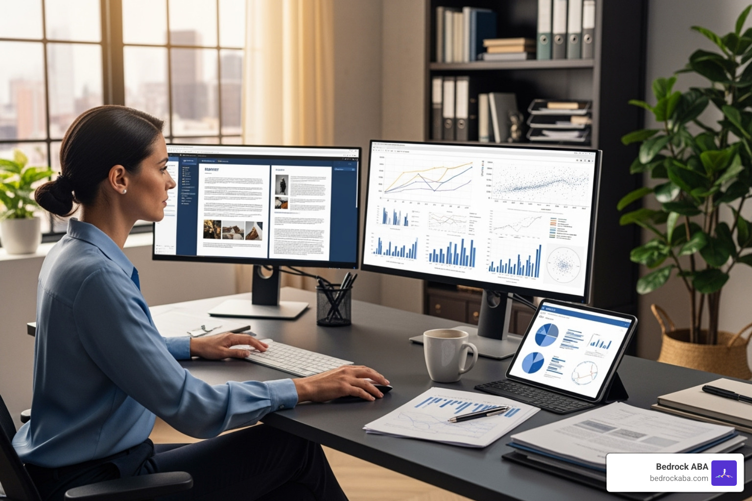 A Board Certified Behavior Analyst (BCBA) working professionally in an office setting, reviewing data on a computer - aba therapist near me