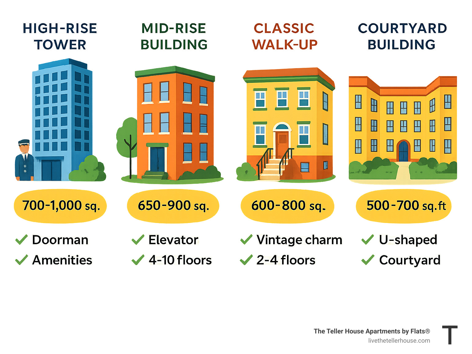 Detailed infographic showing Chicago apartment building types: high-rise towers (20+ floors with doorman and amenities), mid-rise buildings (4-10 floors with elevator access), classic walk-ups (2-4 floors with vintage charm), and courtyard buildings (U-shaped with central courtyard), including typical square footage ranges and common features for each type - 1 bedroom apartments for rent in chicago infographic Detailed infographic showing Chicago apartment building types: high-rise towers (20+ floors with doorman and amenities), mid-rise buildings (4-10 floors with elevator access), classic walk-ups (2-4 floors with vintage charm), and courtyard buildings (U-shaped with central courtyard), including typical square footage ranges and common features for each type - 1 bedroom apartments for rent in chicago infographic