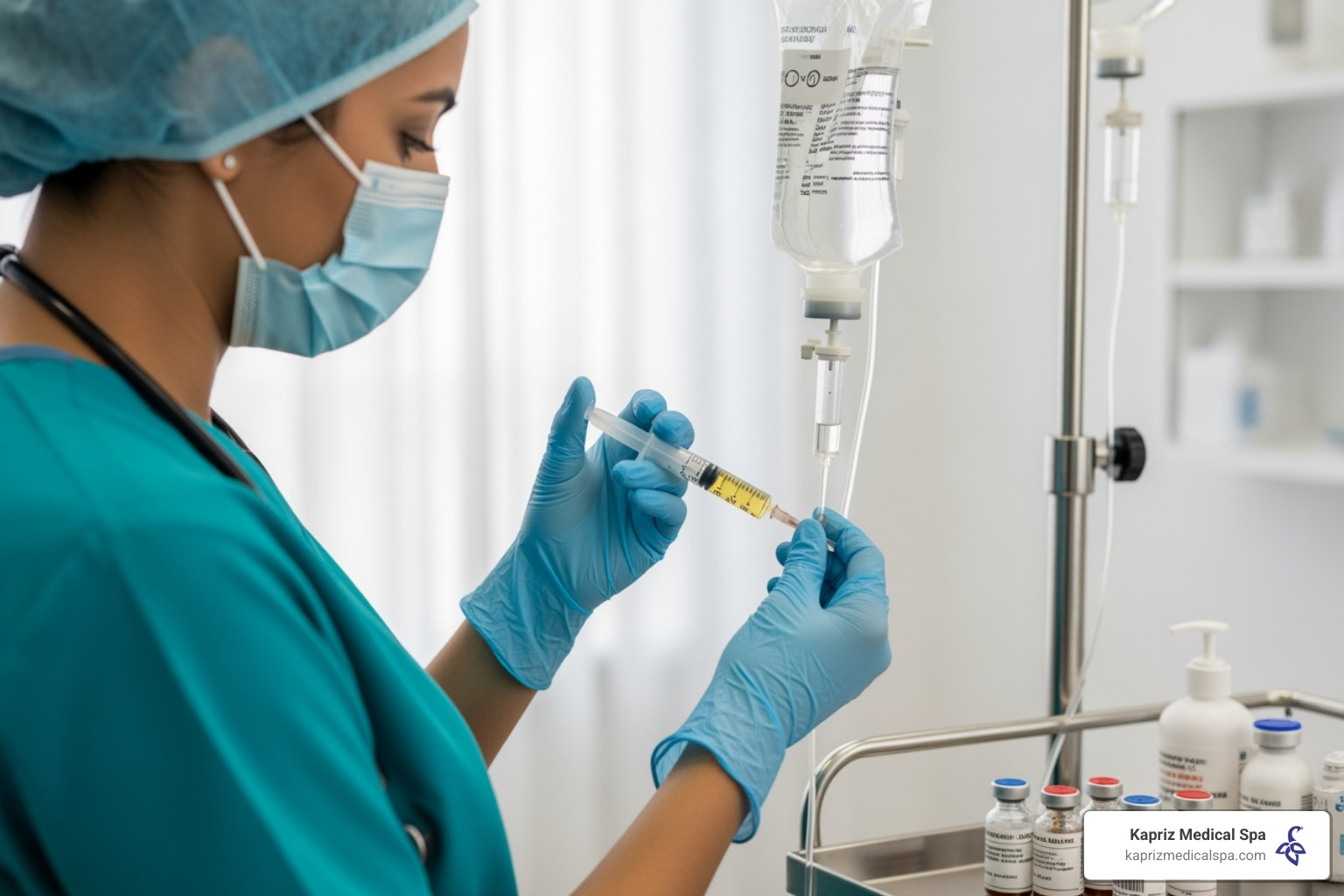 Registered nurse preparing a sterile IV drip bag with vitamins - iv drip spa