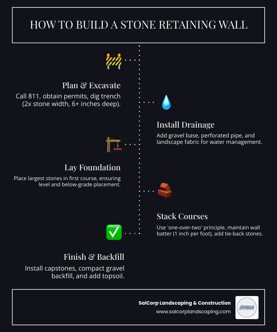 Comprehensive infographic showing the anatomy of a stone retaining wall including soil pressure forces, proper wall batter angle, drainage system with perforated pipe and gravel backfill, foundation depth requirements, and the failure plane that the wall must resist - how to build a stone retaining wall infographic infographic-line-5-steps-dark