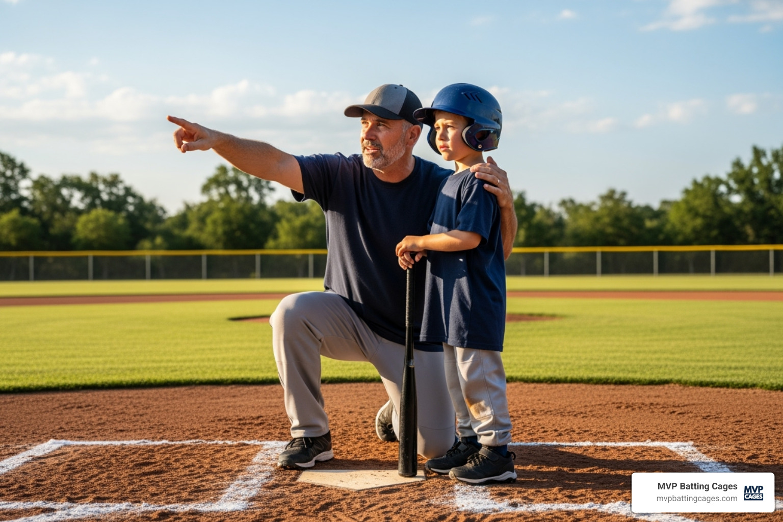 Baseball coach giving one-on-one instruction to a young player - baseball training Chandler AZ
