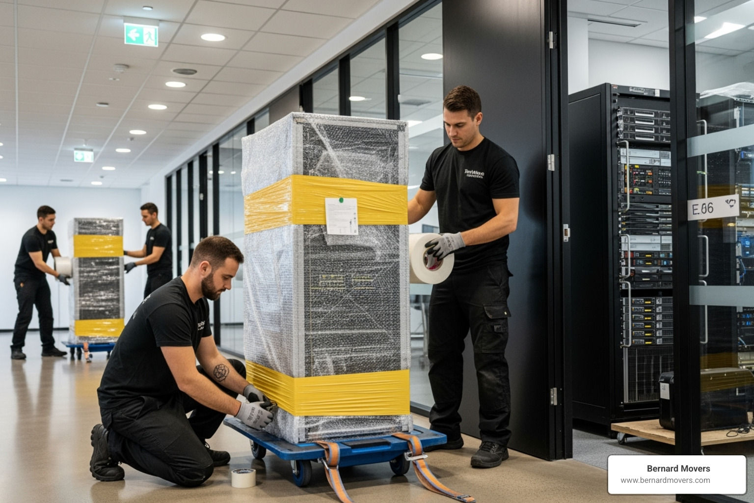 Movers carefully wrapping and moving sensitive IT server equipment. - full service office movers