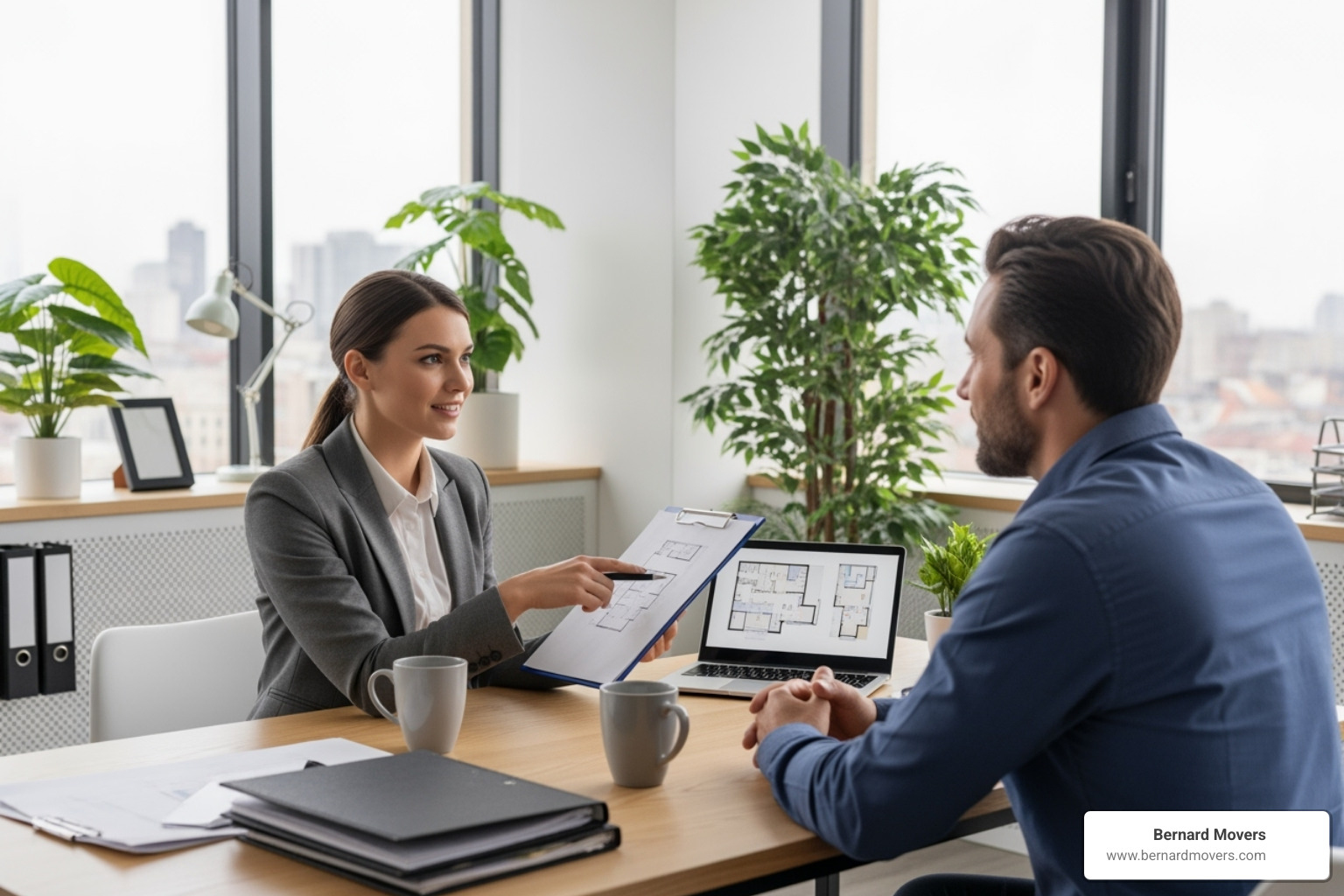 A move coordinator with a clipboard planning with a client in an office setting. - full service office movers