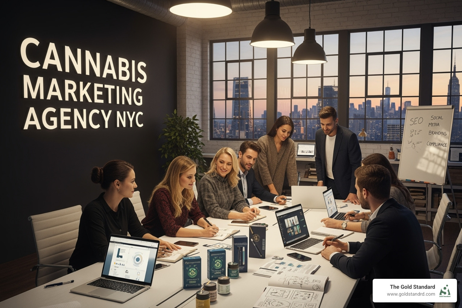 Digital marketing dashboard showing various channels (SEO, Social, Email) - cannabis marketing agency new york