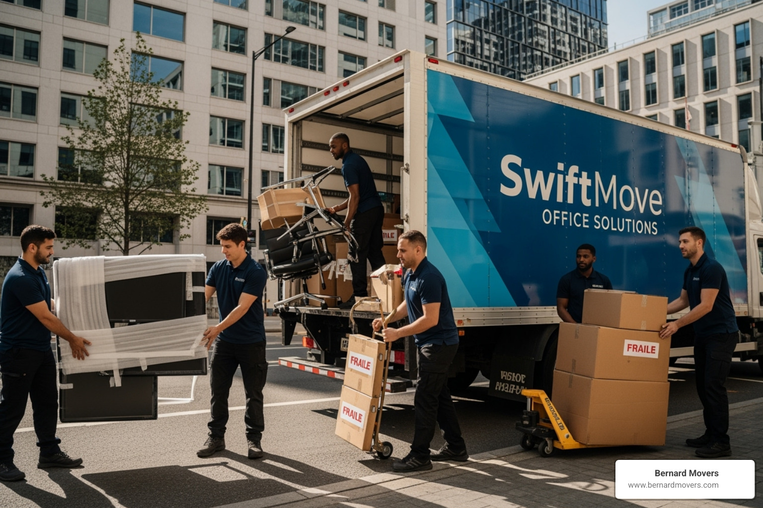 Movers using a color-coded labeling system on boxes and office furniture. - full service office movers