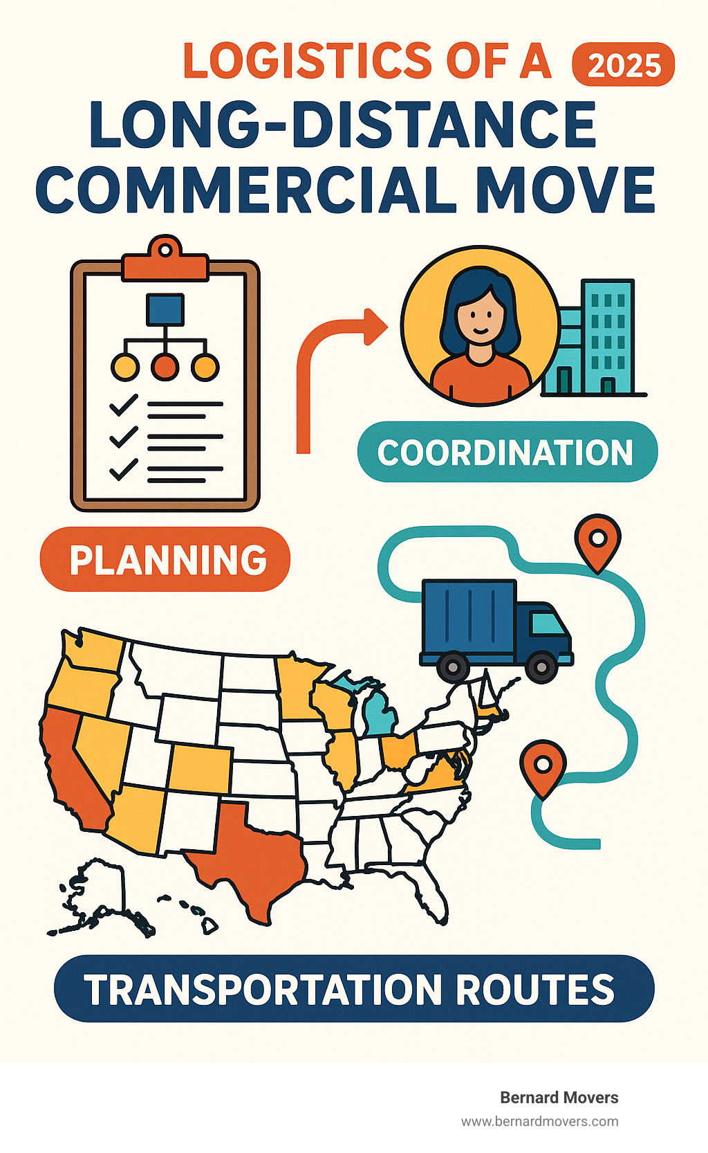 A diagram illustrating the logistics of a long-distance commercial move, including planning, transportation routes, and coordination across different states. - full service office movers infographic 