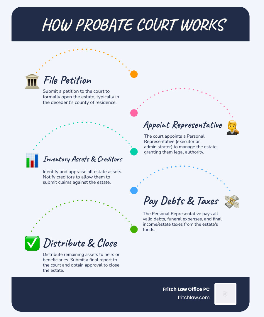 Detailed infographic showing the probate court process flow from death through estate closure, including key milestones like filing petitions, court hearings, creditor notification periods, asset inventory, debt payment, and final distribution to beneficiaries - how does probate court work infographic infographic-line-5-steps-blues-accent_colors