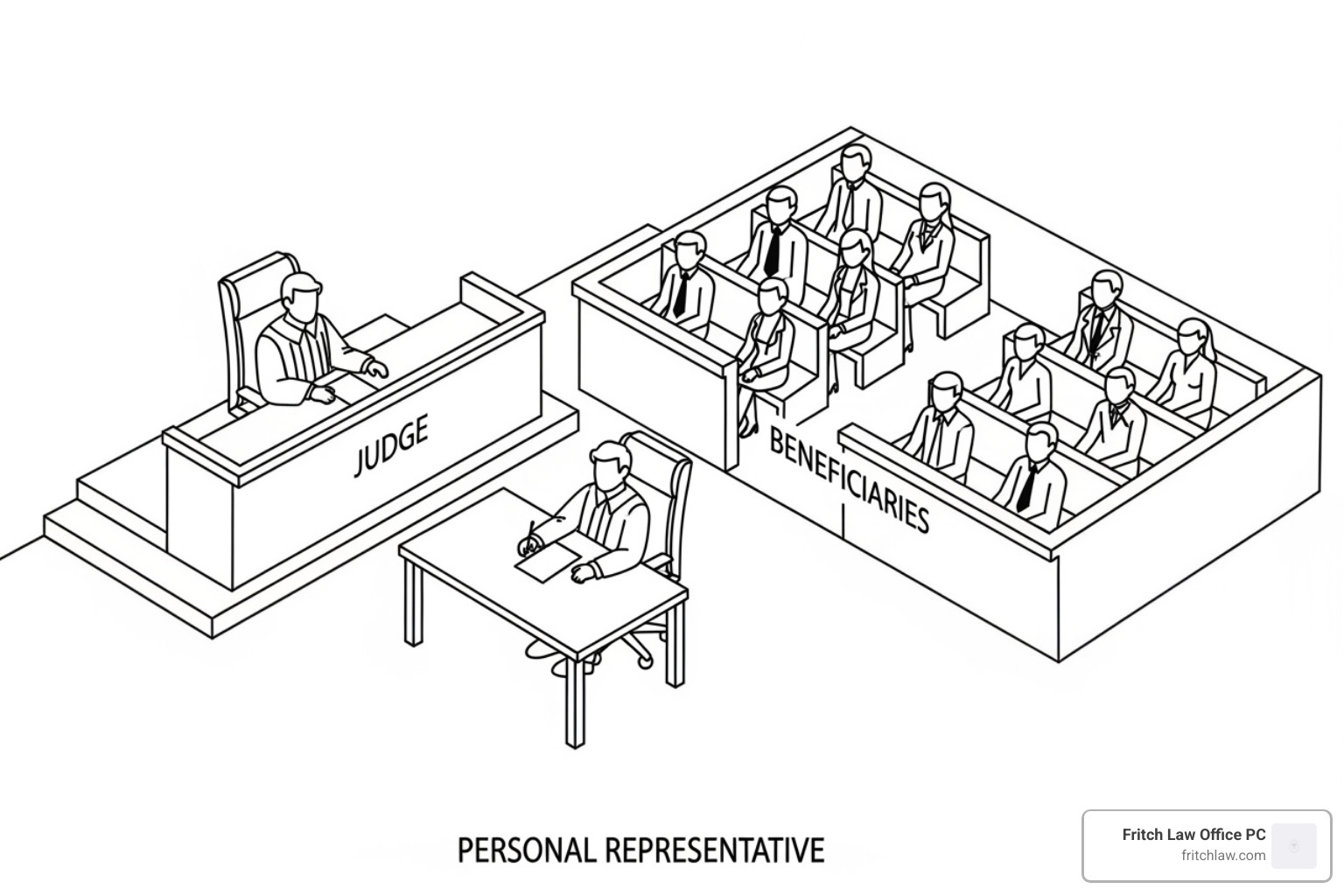 A diagram showing the different roles and positions within a courtroom, including the judge, personal representative, and beneficiaries, illustrating their relative positions and roles in a probate case - how does probate court work