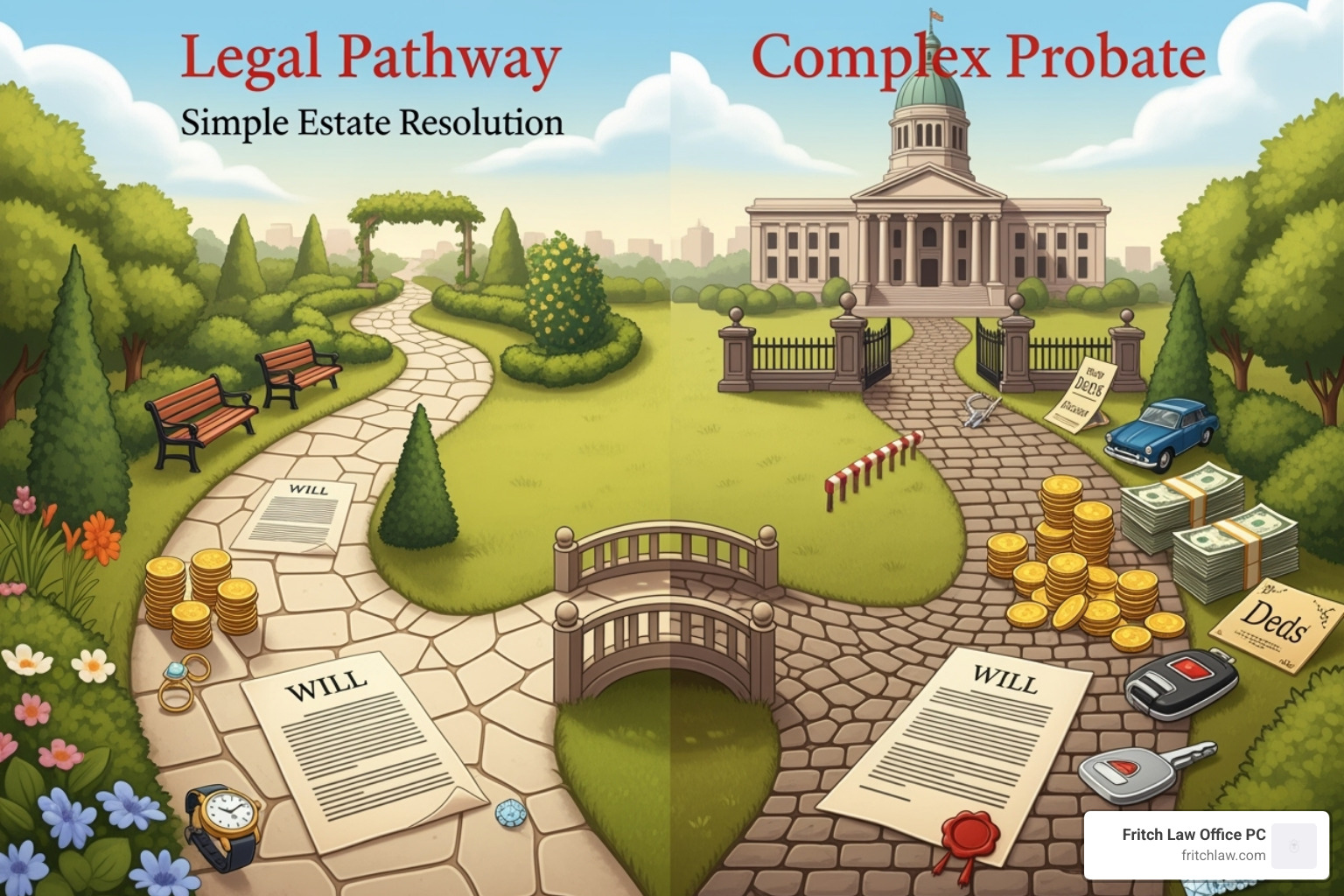 A decision tree diagram illustrating when probate is typically needed, with branches for factors like the presence of a will, type of assets, and total estate value, leading to outcomes like formal probate, simplified probate, or no probate - how does probate court work