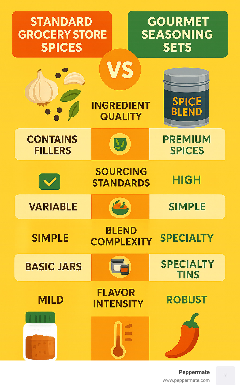 Comparison infographic showing standard grocery store spices versus gourmet seasoning sets, highlighting differences in ingredient quality, sourcing standards, blend complexity, packaging features, and flavor intensity levels - gourmet seasoning set infographic 