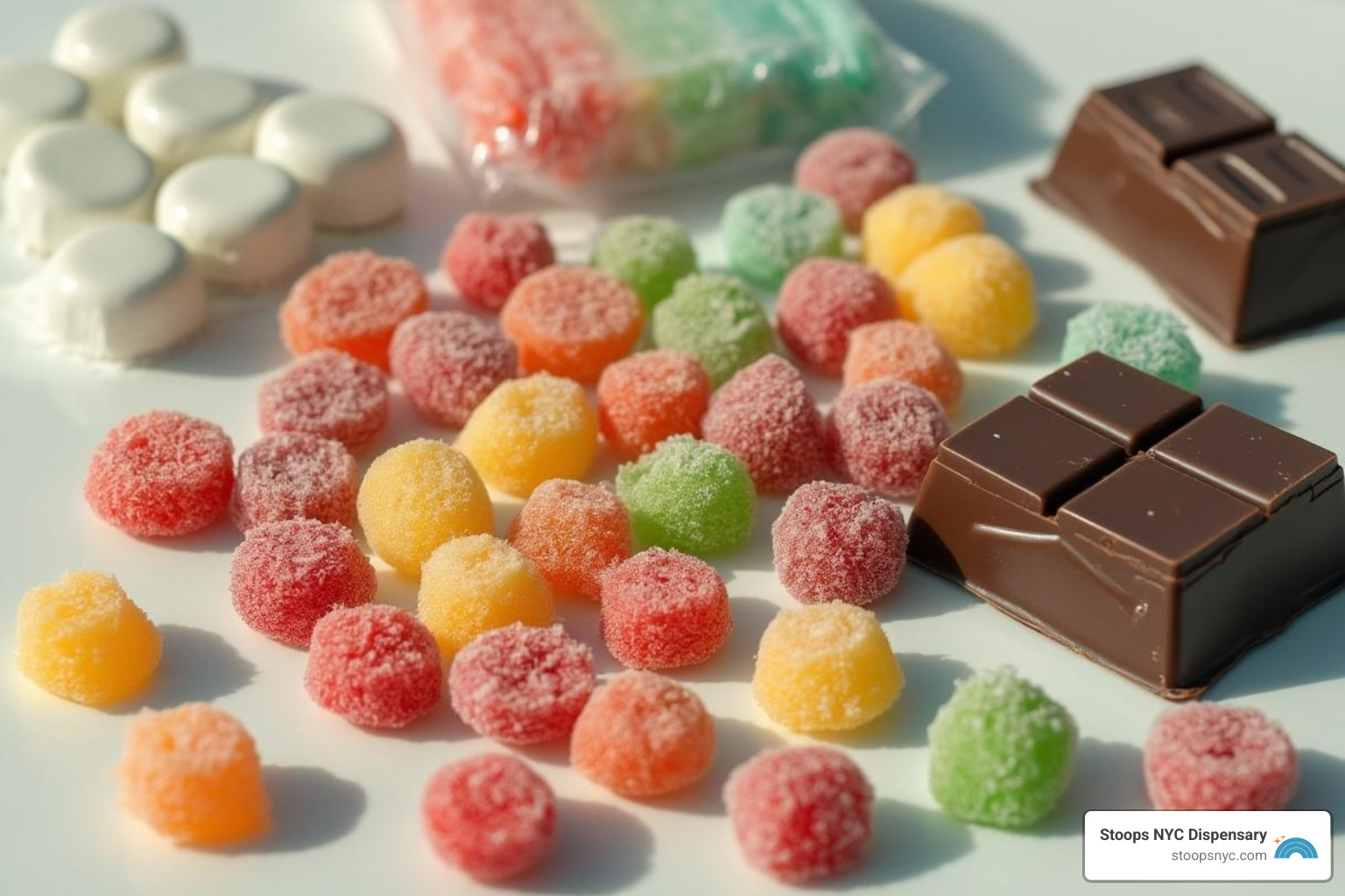 Different types of beginner-friendly edibles like mints, gummies, and chocolates - edibles for beginners Different types of beginner-friendly edibles like mints, gummies, and chocolates - edibles for beginners