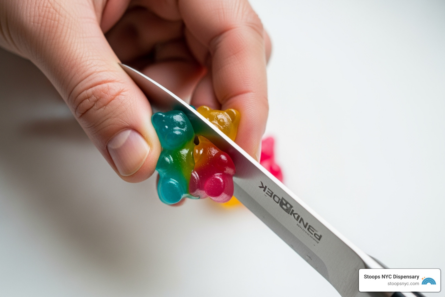 A gummy edible being cut in half to illustrate starting with a small dose - edibles for beginners A gummy edible being cut in half to illustrate starting with a small dose - edibles for beginners