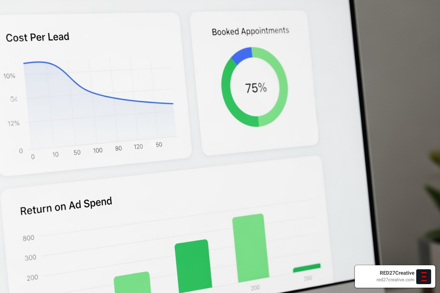 A simple dashboard showing key med spa marketing metrics like CPL, Booked Appointments, and ROAS, with clear charts and performance indicators - facebook ads for med spas A simple dashboard showing key med spa marketing metrics like CPL, Booked Appointments, and ROAS, with clear charts and performance indicators - facebook ads for med spas