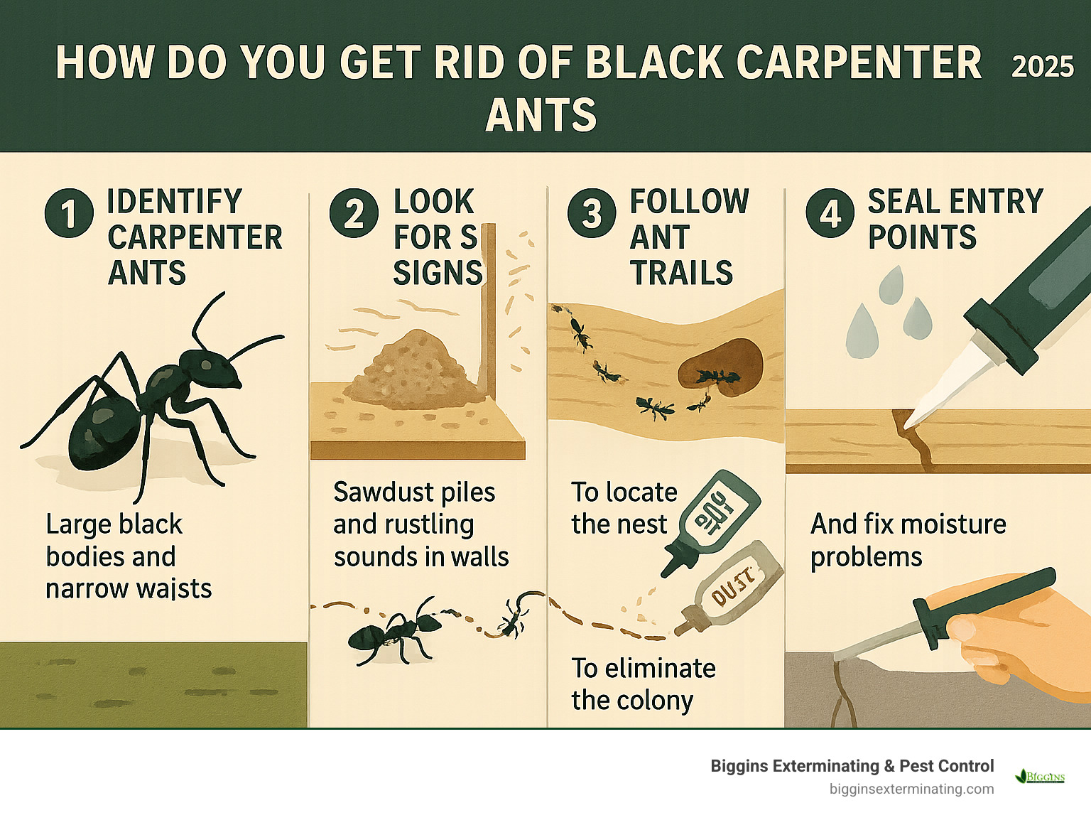 Infographic showing step-by-step process: 1) Identify carpenter ants by their large black bodies and narrow waists, 2) Look for signs like sawdust piles and rustling sounds in walls, 3) Follow ant trails to locate the nest, 4) Apply baits or dust treatments to eliminate the colony, 5) Seal entry points and fix moisture problems to prevent return - how do you get rid of black carpenter ants infographic 