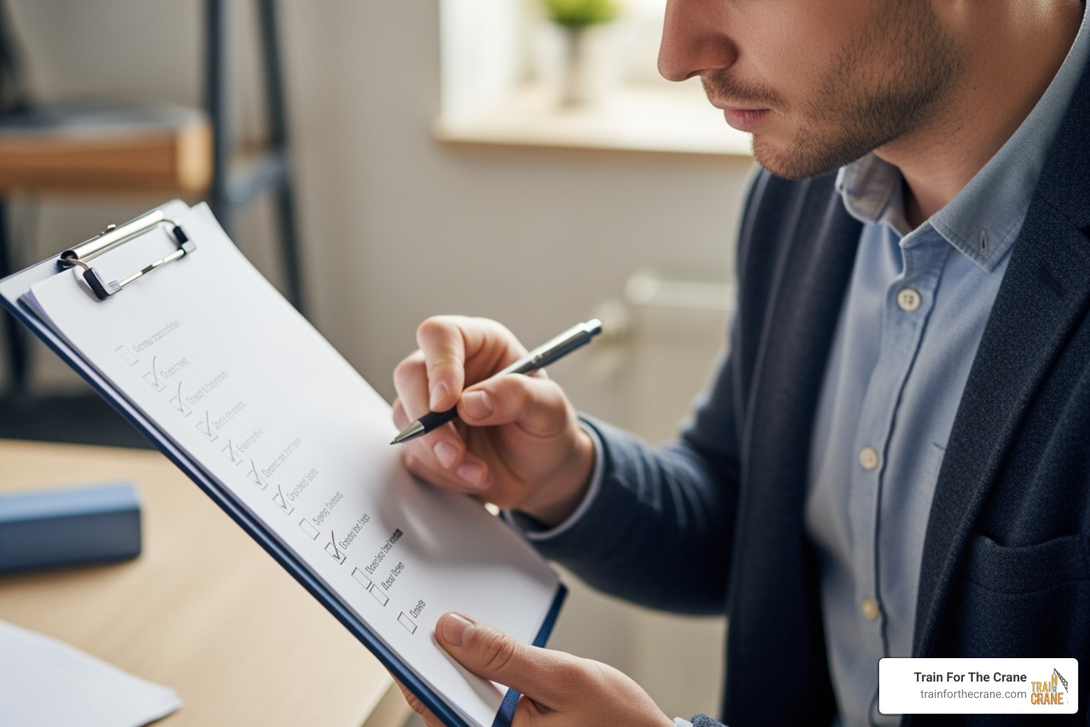 person reviewing checklist - how do you become a certified crane operator person reviewing checklist - how do you become a certified crane operator