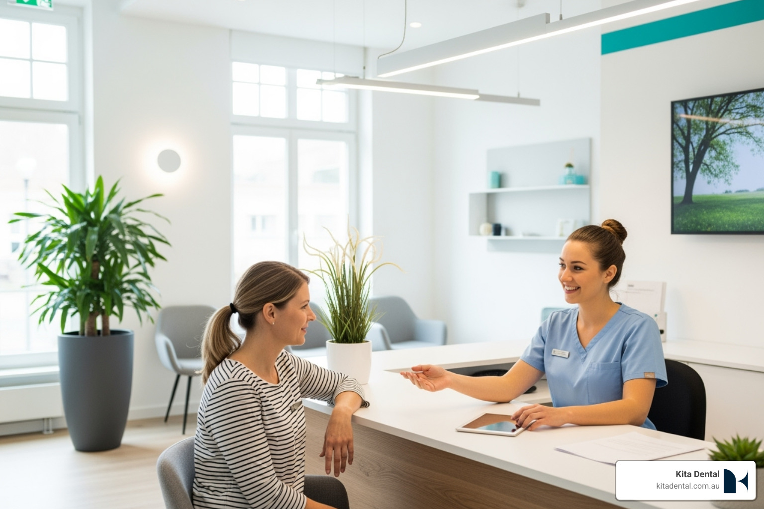 patient having a friendly, positive discussion with a dental clinic coordinator - affordable cosmetic dentist sydney
