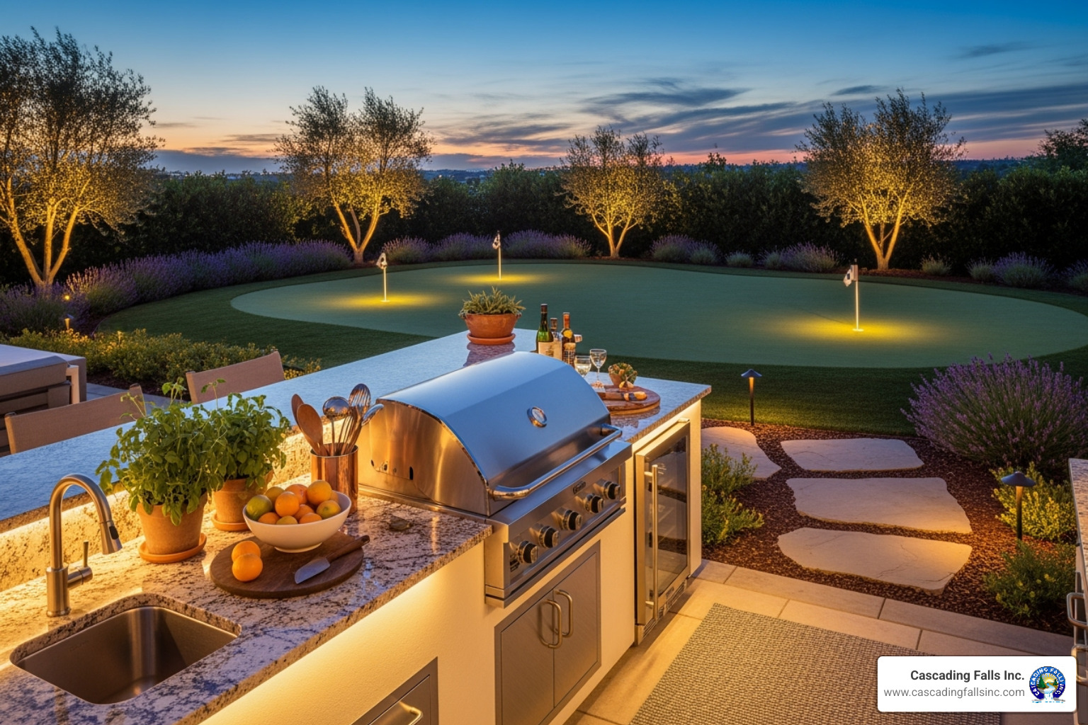 backyard with a designated outdoor kitchen area and a separate putting green in the background - unique backyard features backyard with a designated outdoor kitchen area and a separate putting green in the background - unique backyard features