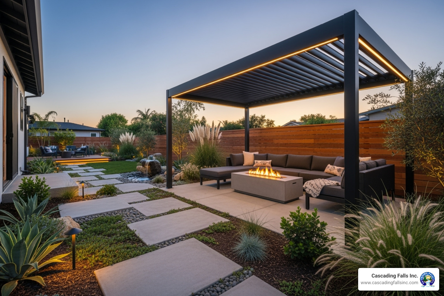 backyard with a modern pergola, creative paver pathway, and integrated lighting - unique backyard features backyard with a modern pergola, creative paver pathway, and integrated lighting - unique backyard features