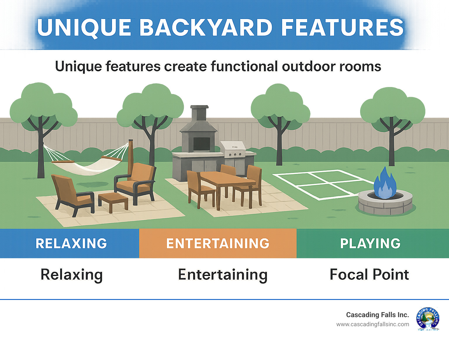 Infographic showing backyard zoning concepts with designated areas for relaxing (hammock and seating area), entertaining (outdoor kitchen and dining space), playing (game court or lawn area), and focal points (fire pit or water feature), demonstrating how unique features create functional outdoor rooms - unique backyard features infographic Infographic showing backyard zoning concepts with designated areas for relaxing (hammock and seating area), entertaining (outdoor kitchen and dining space), playing (game court or lawn area), and focal points (fire pit or water feature), demonstrating how unique features create functional outdoor rooms - unique backyard features infographic