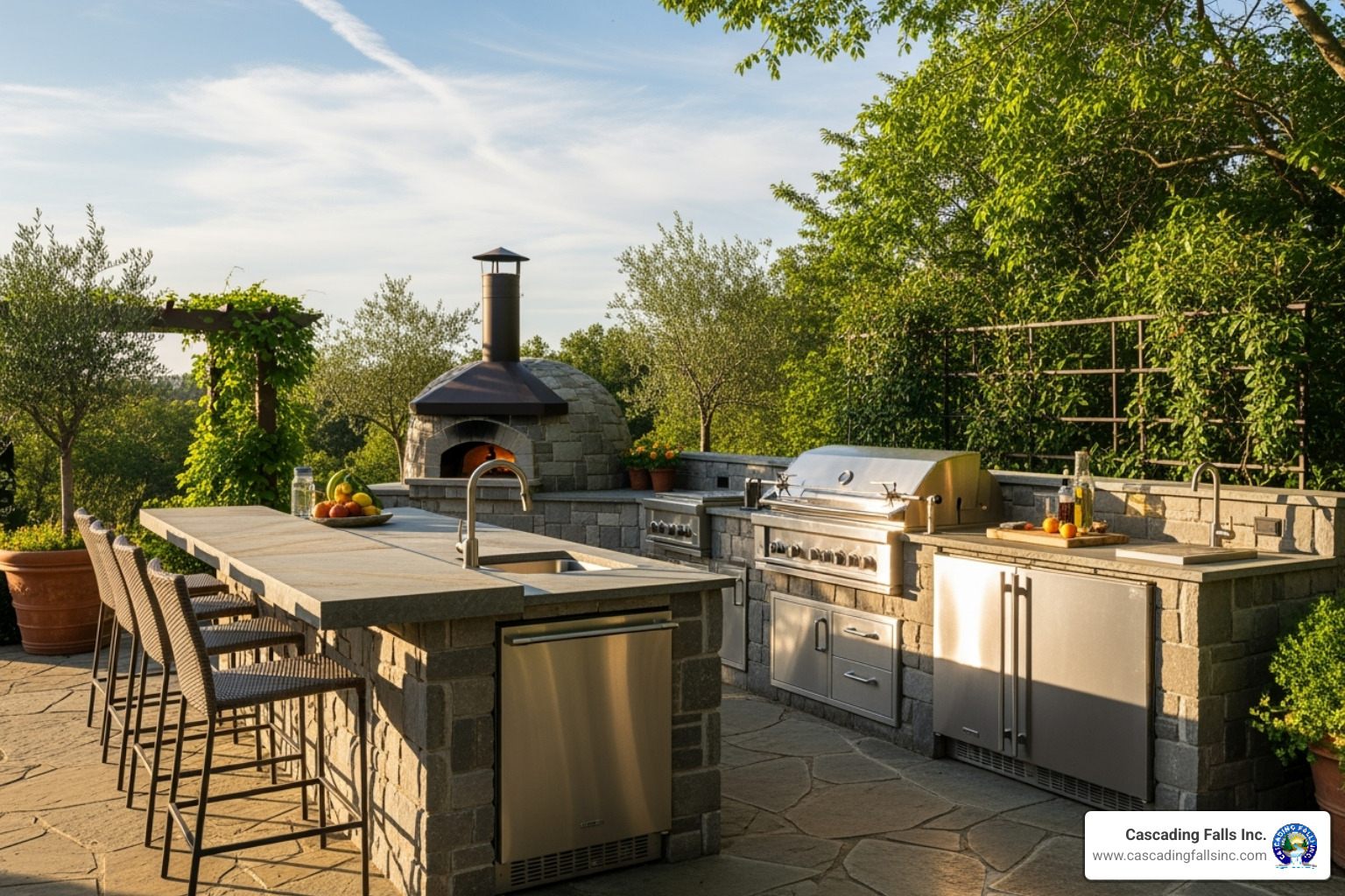 A beautiful outdoor kitchen featuring stone countertops and stainless steel appliances - outdoor cooking solutions A beautiful outdoor kitchen featuring stone countertops and stainless steel appliances - outdoor cooking solutions