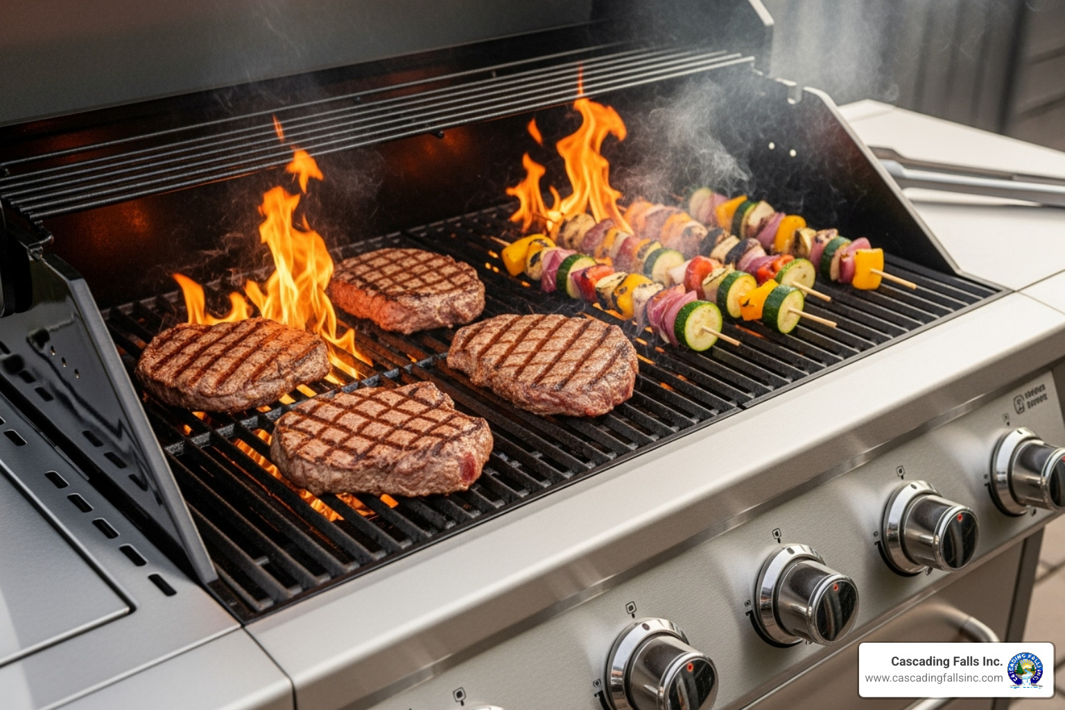A stainless steel gas grill with sizzling food on the grates - outdoor cooking solutions A stainless steel gas grill with sizzling food on the grates - outdoor cooking solutions