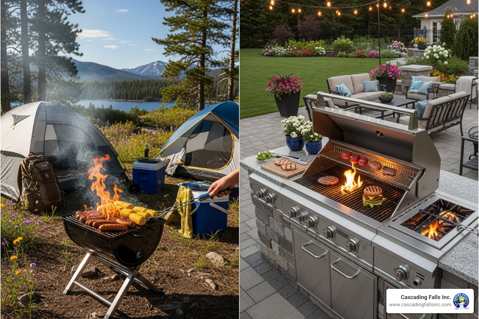 A compact portable grill on a camping trip contrasted with a large built-in grill in a backyard - outdoor cooking solutions A compact portable grill on a camping trip contrasted with a large built-in grill in a backyard - outdoor cooking solutions