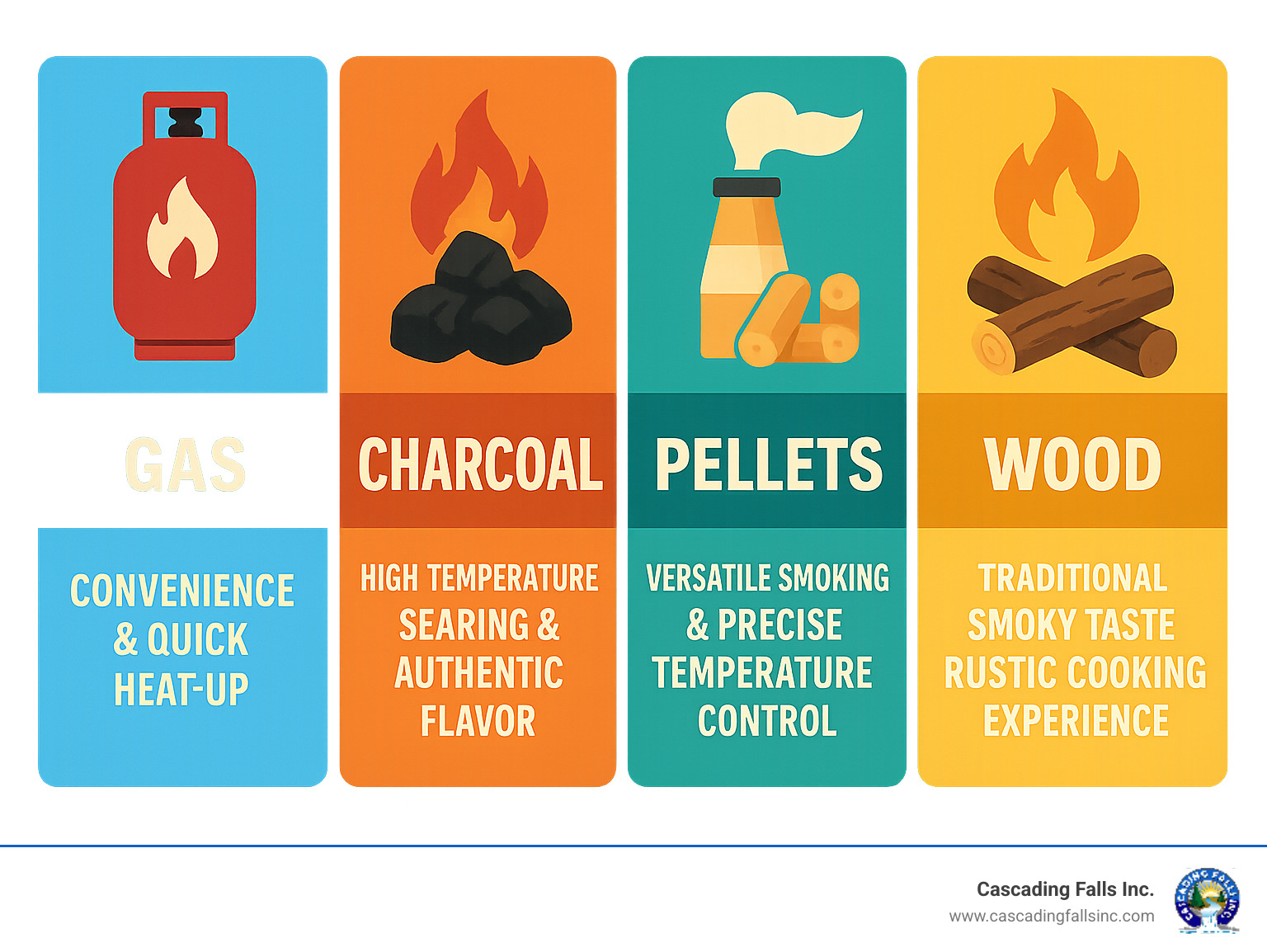 Comparison of outdoor cooking fuel types showing gas for convenience and quick heat-up, charcoal for high-temperature searing and authentic flavor, pellets for versatile smoking and precise temperature control, and wood for traditional smoky taste and rustic cooking experience - outdoor cooking solutions infographic Comparison of outdoor cooking fuel types showing gas for convenience and quick heat-up, charcoal for high-temperature searing and authentic flavor, pellets for versatile smoking and precise temperature control, and wood for traditional smoky taste and rustic cooking experience - outdoor cooking solutions infographic