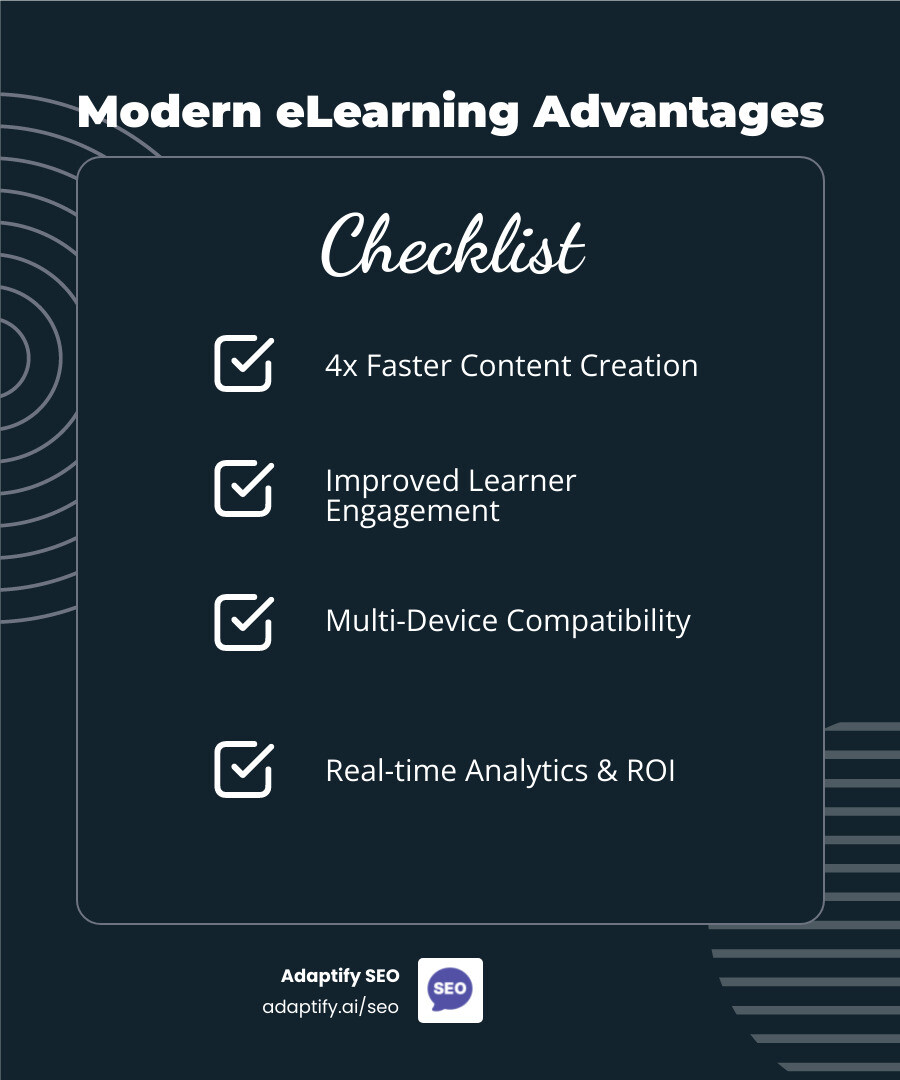 Infographic showing comparison between traditional static training methods versus modern interactive eLearning tools, highlighting key advantages like 4x faster content creation, improved engagement rates, mobile compatibility, real-time analytics, and cost-effectiveness over time - training content development tools infographic checklist-dark-blue