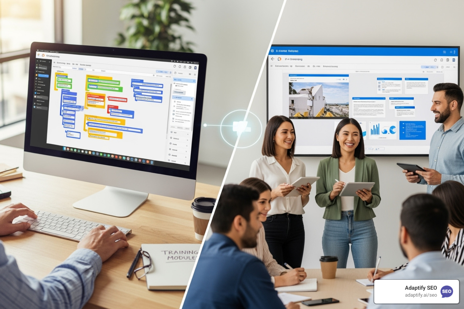 A software dashboard highlighting features like drag-and-drop interface, template library, and analytics charts - training content development tools