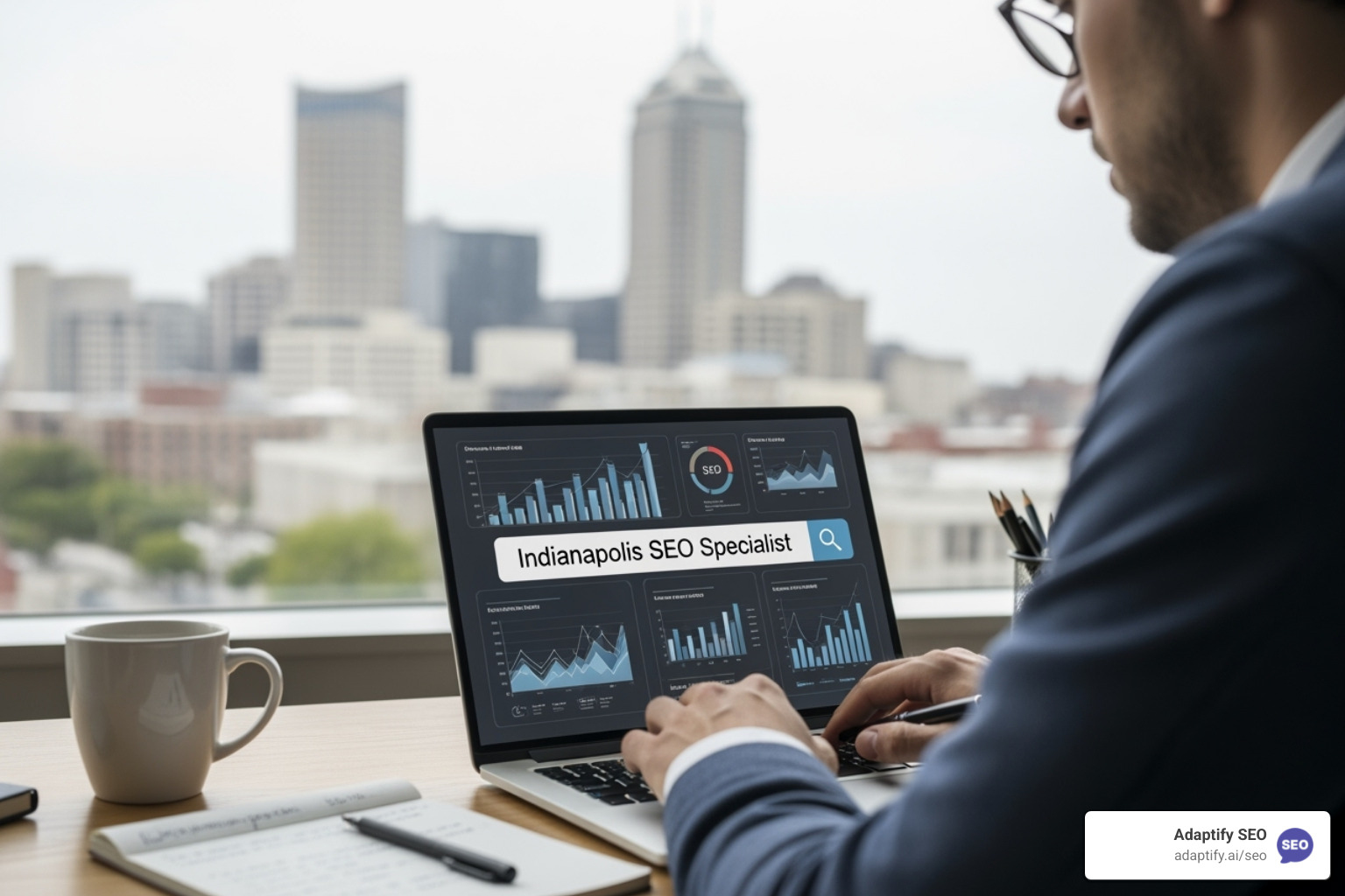 Monument Circle with a smartphone showing a local search result - Indianapolis SEO specialist